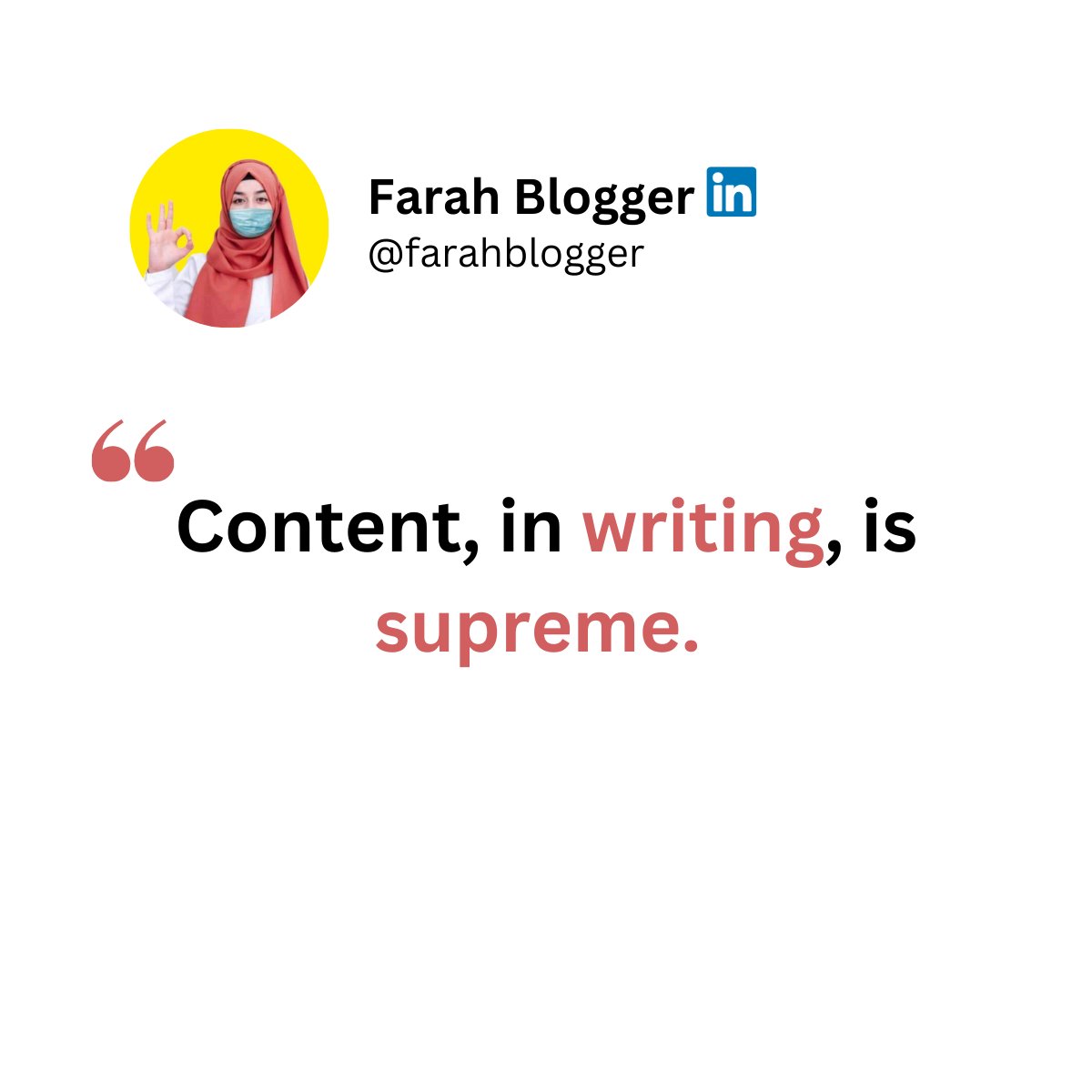 “#Content, in writing, is supreme.” 

#Linkedinprofile #Linkedinprofiles
#contentwriter #ContentWriters #contentwriting #contentwriting #ContentWritingServices #ContentWritingJobs #contentwritingperonalisation