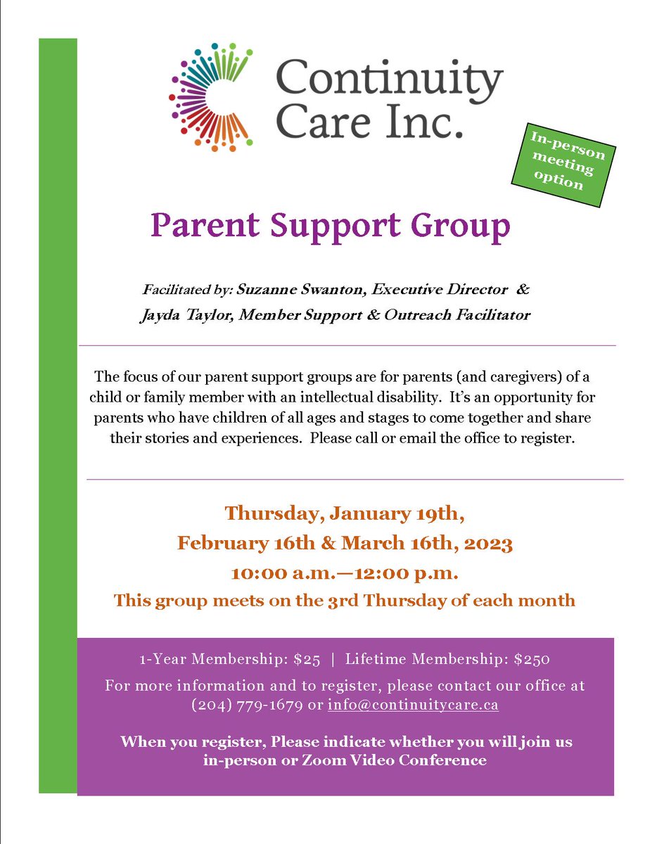 This group offers you a place to share stories and experiences and to connect with other caregivers who have a family member with an intellectual disability.
Please see poster for more information.