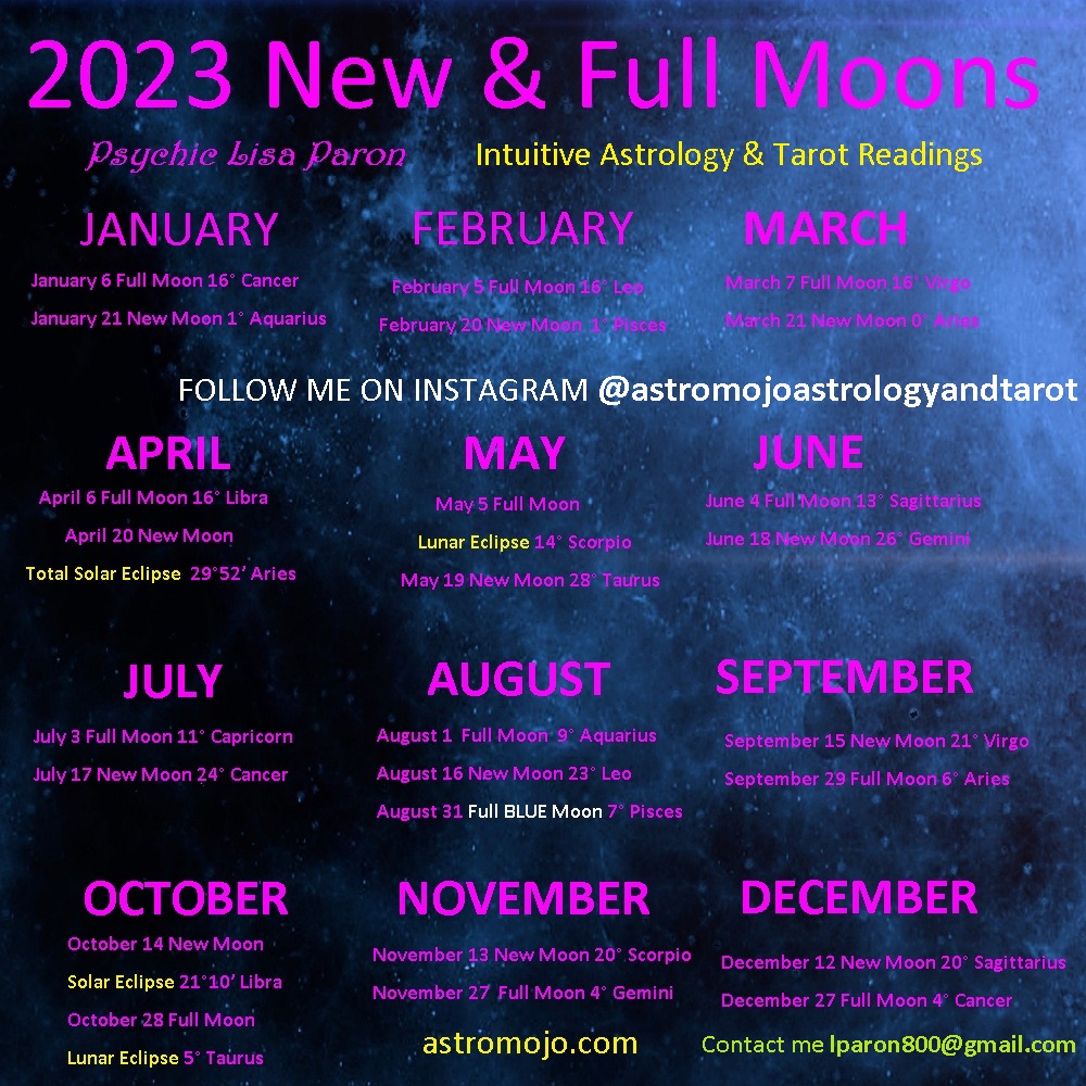 AstroMojo's tweet image. 2023 New and Full Moons🌛🌕 #Eclipse #astrology Moon #Calander for 2023. New &amp;amp; Full Moons are like mini eclipses each month. 🔮 🧿Intuitive Astrology &amp;amp; Tarot Readings at lparon800@gmail.com