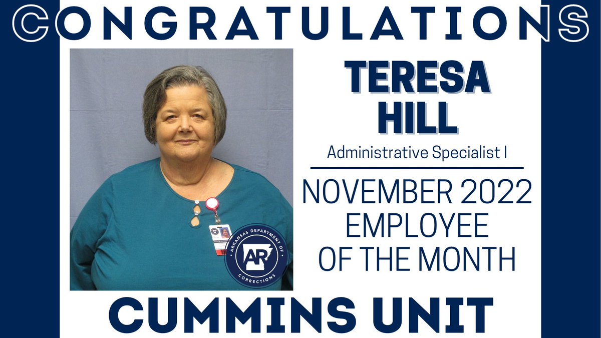 ADCPIO's tweet photo. #Congratulations to Administrative Specialist I Teresa Hill on being named the November 2022 Employee of the Month at the Cummins Unit!
#ARDOCFamily #EmployeeOfTheMonth #CumminsUnit https://t.co/dtCghxRjhP