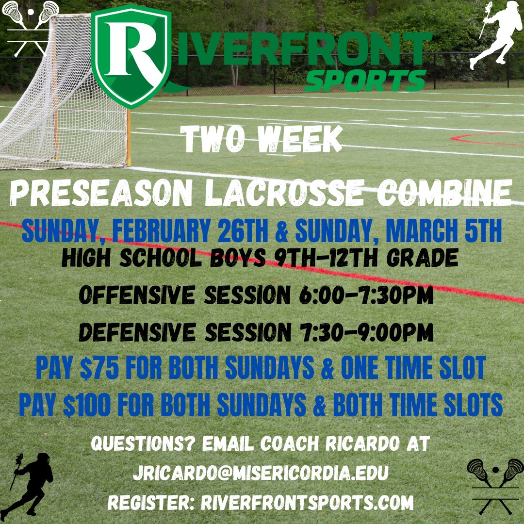 Riverfront Raptors and Coach Ricardo are excited to announce a two-week lacrosse combine to help our high school boys get ready for the upcoming 2023 season.

🚨Do both Offensive &amp; Defensive Sessions pay only $100! Registration is for BOTH Register here: riverfrontsports.com/lacrosse-camps/