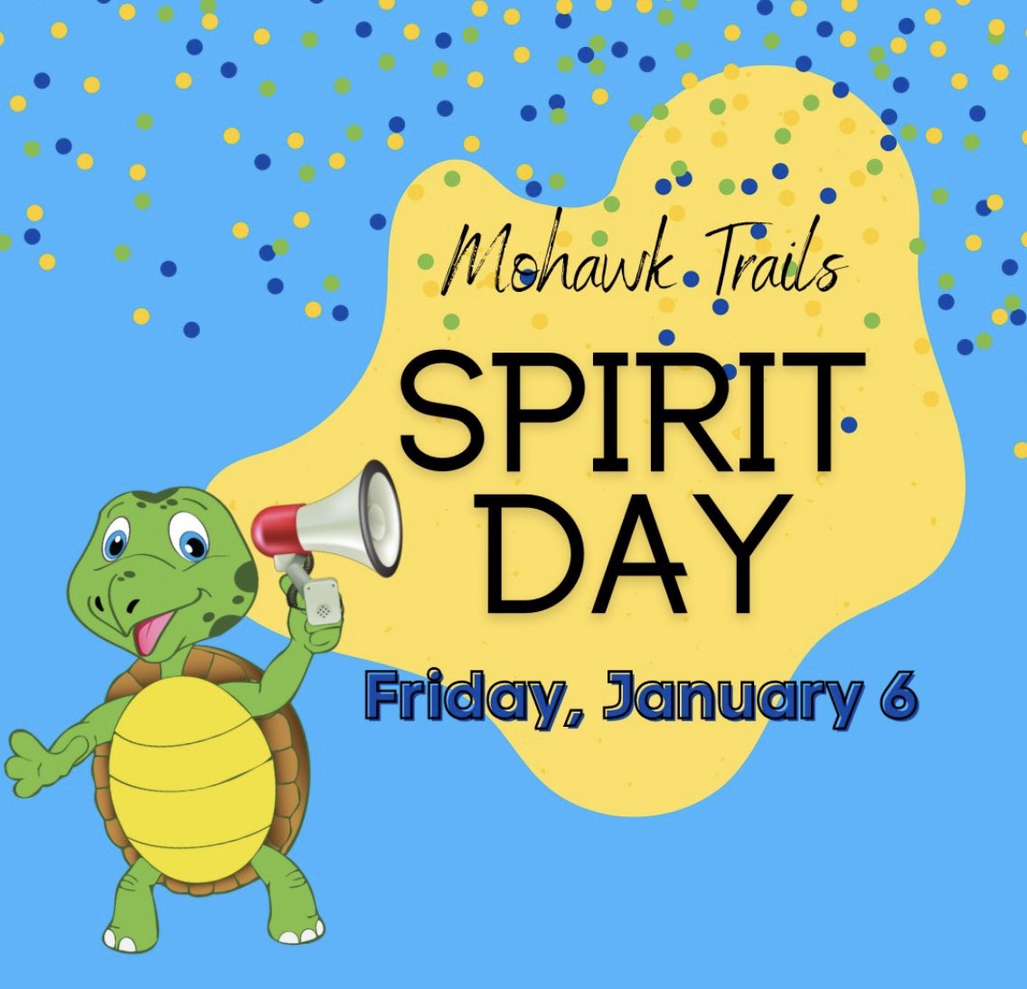 Hey 🐢 Family: tomorrow is our first official MTE spirit day! Don’t forget to wear your MTE gear or Carmel colors!💙💛 <a href="/MohawkTrailsEl/">MohawkTrailsElem</a>
