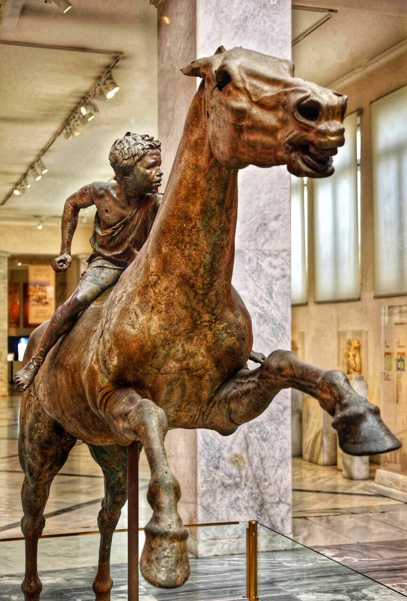 ArysPan's tweet photo. The large #Hellenistic bronze statue of a young boy riding a horse, known as "Jockey of Artemision", 150–140 BCE. 

National Archaeological Museum, Athens
#Archaeology https://t.co/p28y8bYcLS