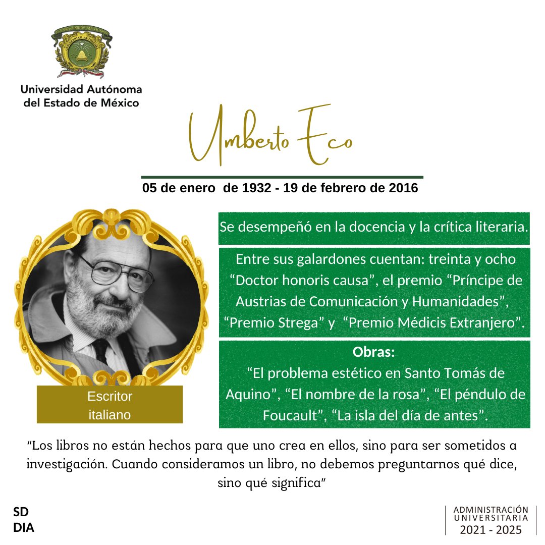 DEAC_UAEMX's tweet photo. Un día como hoy, pero de 1932 nació Umberto Eco, fue un semiólogo, filósofo y escritor italiano destacado.
@SD_UAEM
#SomosUAEMéx💚💛
#FomentoAlALectura #culture #knewledge https://t.co/gX69aCw4pW