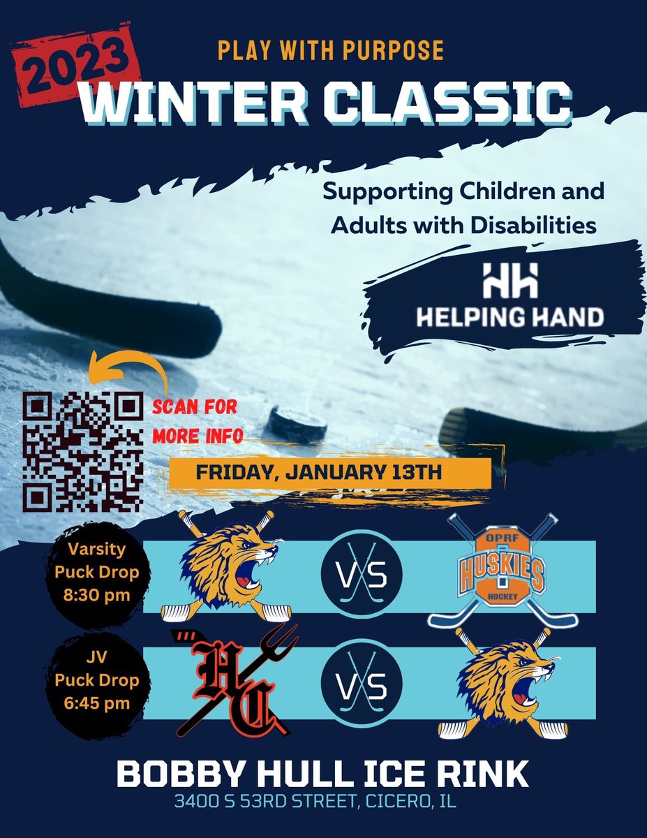 LTHC will take the ice to face off against OPRF and Hinsdale Central to support Helping Hand. 

Scan the QR code below or visit: donorbox.org/2023-winter-cl… to learn more and make a donation to support services for children and adults with disabilities.
<a href="/LTHockey/">LyonsTownshipHockey</a> <a href="/HelpingHandIL/">A Helping Hand</a>