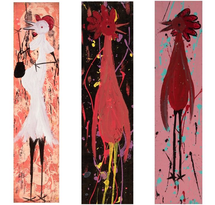 SCStateMuseum's tweet image. Instantly recognizable to anyone who has lived in Columbia, these "Chicken Man" paintings give us a glimpse into Ernest Lee's humor and personality. 

📷  E.Lee, “White Girl Chicken (Expecting)”, “Red Boy Chicken”,” Red Boy Chicken with Pink Background”, 2000. 

#art #scart