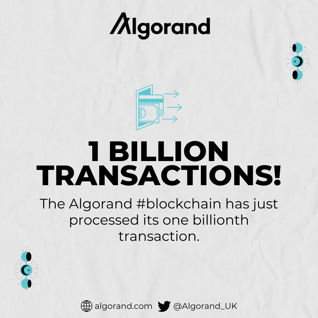 Algorand_UK's tweet photo. The @algorand #blockchain has just processed its one billionth transaction.

#Algorand #AlgoUK https://t.co/qBJ1IdeNJn