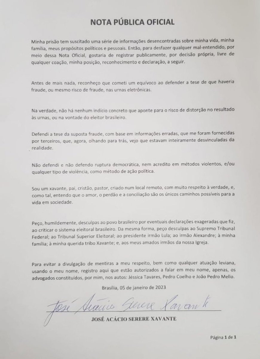 movadvdireitabr's tweet photo. Essa é a Nota Pública que o Cacique Tserere Xavante assinou, tirem suas conclusões. https://t.co/kTVHlkLw5W