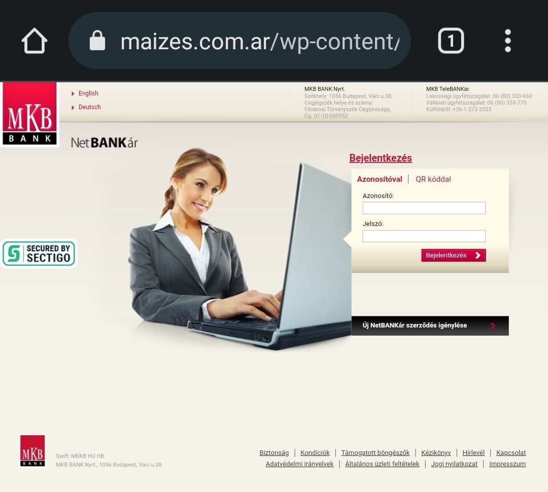 smica83's tweet photo. #Hungarian MKB Bank #phishing 
URL(https): /www.maizes.com.ar/wp-content/maintenance/assets/mMkKaYbBEmMkKaYbBE/ 
@cert_Argentina please investigate! 
@ActorExpose @PhishStats @whitehoodie4 @malwrhunterteam https://t.co/ndSrlXVUJ3