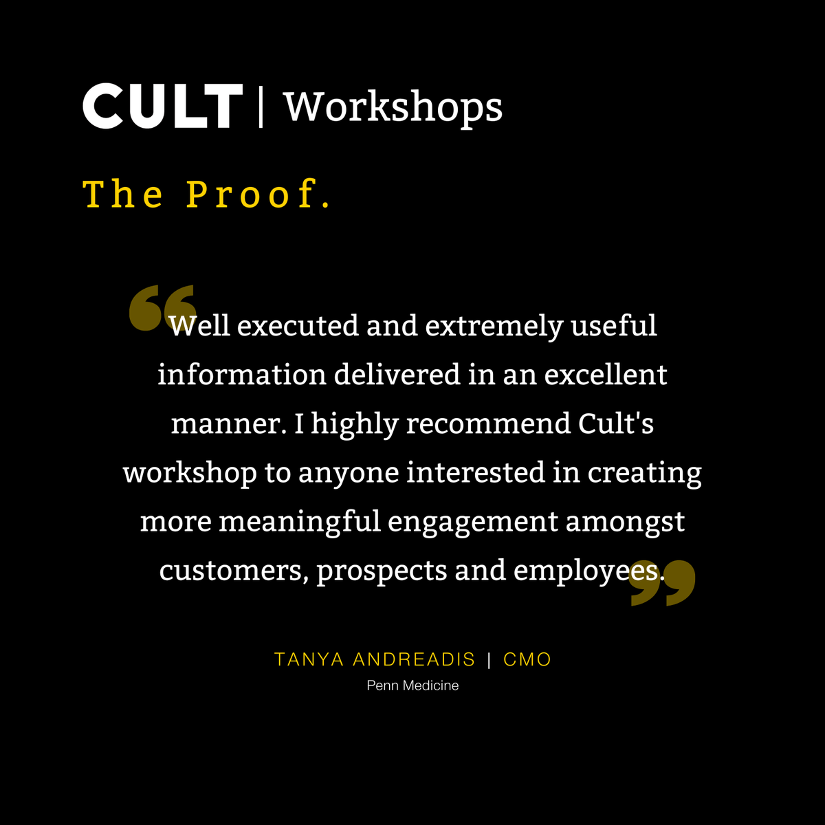 Gain the knowledge necessary to close the gap between your brand’s current and desired states.

For information on Cult Workshop facilitators, topics and pricing, visit: bit.ly/3VB5JMT 

#cultideas #cx #customerexperience #workshops
