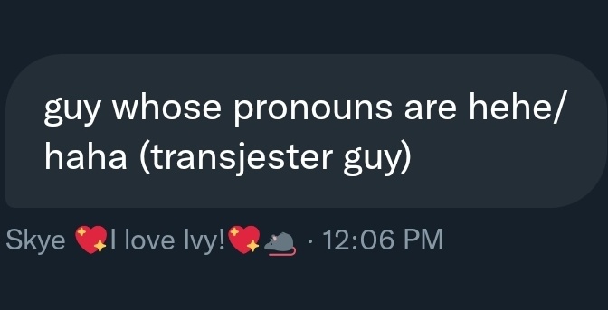 dm that says "guy whose pronouns are hehe/haha (transjester guy)