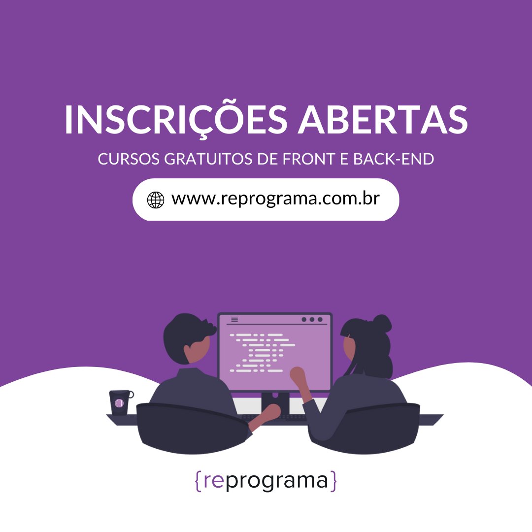 Você incluiu aprender a programar nas suas metas de ano novo? Esta pode ser sua oportunidade! 👩🏾‍💻

Estão abertas as inscrições para nossos cursos online e gratuitos de programação para mulheres que desejam transformar suas vidas por meio da tecnologia.

🔎 reprograma.com.br/#courses