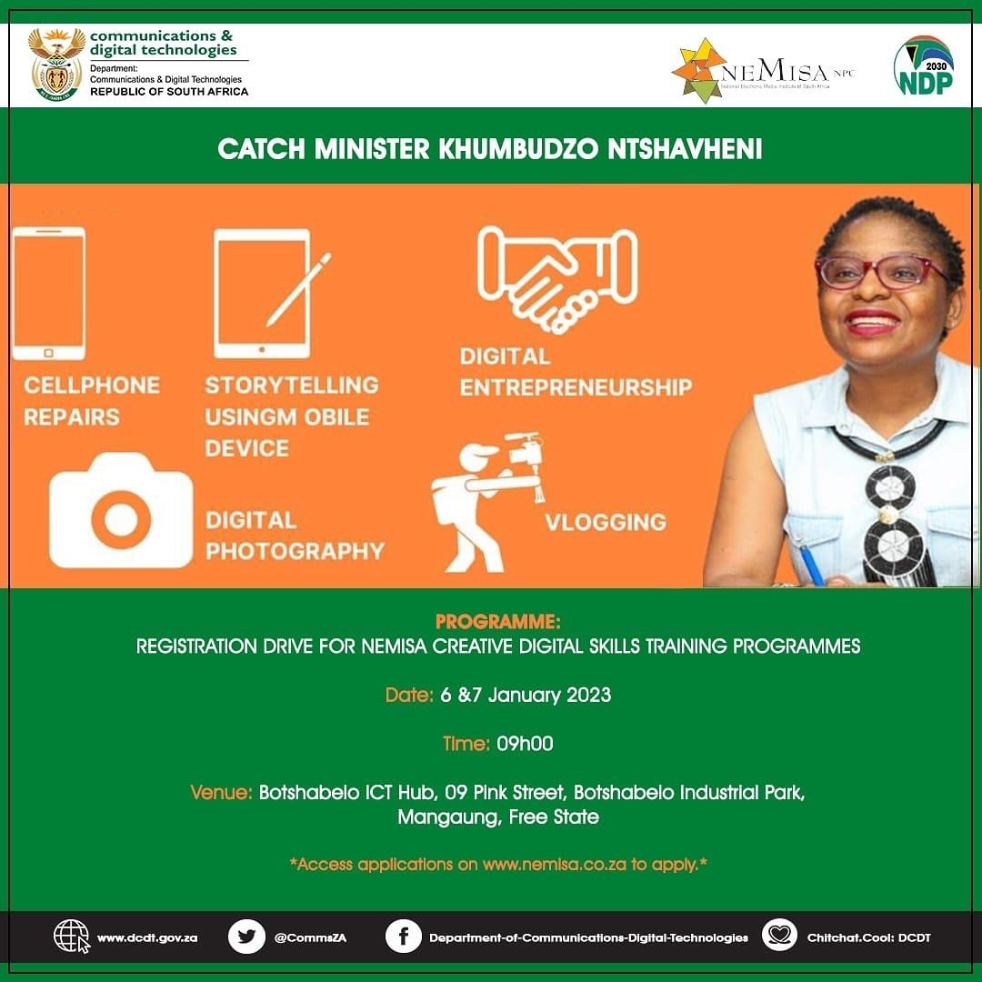 Join Minister <a href="/Khu_Ntshavheni/">Khumbudzo Ntshavheni</a>  tomorrow 6 and 7 January 2023  on a registration drive at the Botshabelo Digital Hub for the NEMISA Digital Skills Training Programmes.

Time: 09h00
Venue: <a href="/BotshabeloHub/">Botshabelo Hub</a> 09 Pink Street, Botshabelo Industrial Park, Mangaung, Free State
