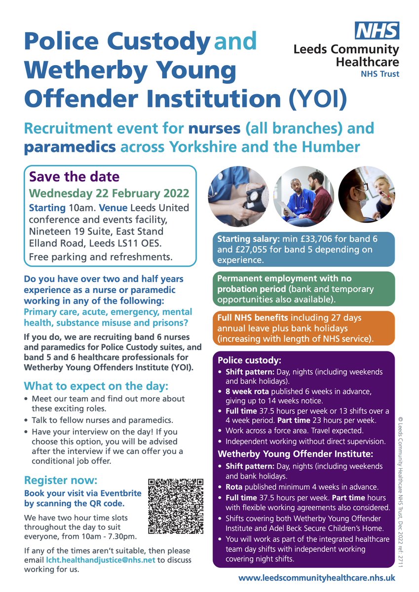 💥Police custody &amp; YOI recruitment event
💥Yorkshire &amp; Humberside
💥Nurses &amp; Paramedics

5️⃣AfC Band 5 &amp; 6 vacancies
📆22 Feb 2023
⏰ 10:00, 12:30, 15:00, 17:30
📍Elland Road, LS11 0ES
📑Interviews &amp; conditional offers made on the day

Book online:
🖥️lchhj.eventbrite.co.uk