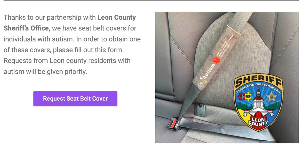 FSUCARD's tweet photo. Thanks to our partnership with the Leon County Sheriff's Office, we have seat belt covers for local residents with autism. You can go to our website to request a seat belt cover: https://t.co/4dsOiMyro0.
#FSUCoM #AutismAcceptance #FSUCARD https://t.co/OnVgbvXpEE