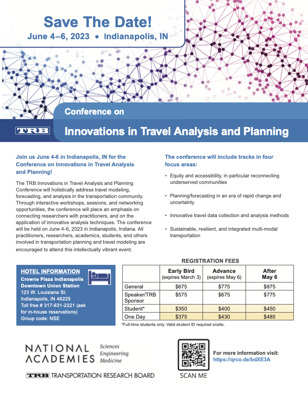 Trbtravelfcast's tweet photo. Ready to plan your next @NASEMTRB conference after #trbam ?
Come to Indianapolis June 4-6 to attend Innovations in Travel Analysis and Planning – a merger between #appcon and #itm.
Planners and modelers unite!
https://t.co/nx52cmTPQF https://t.co/XWZBXB5WDQ