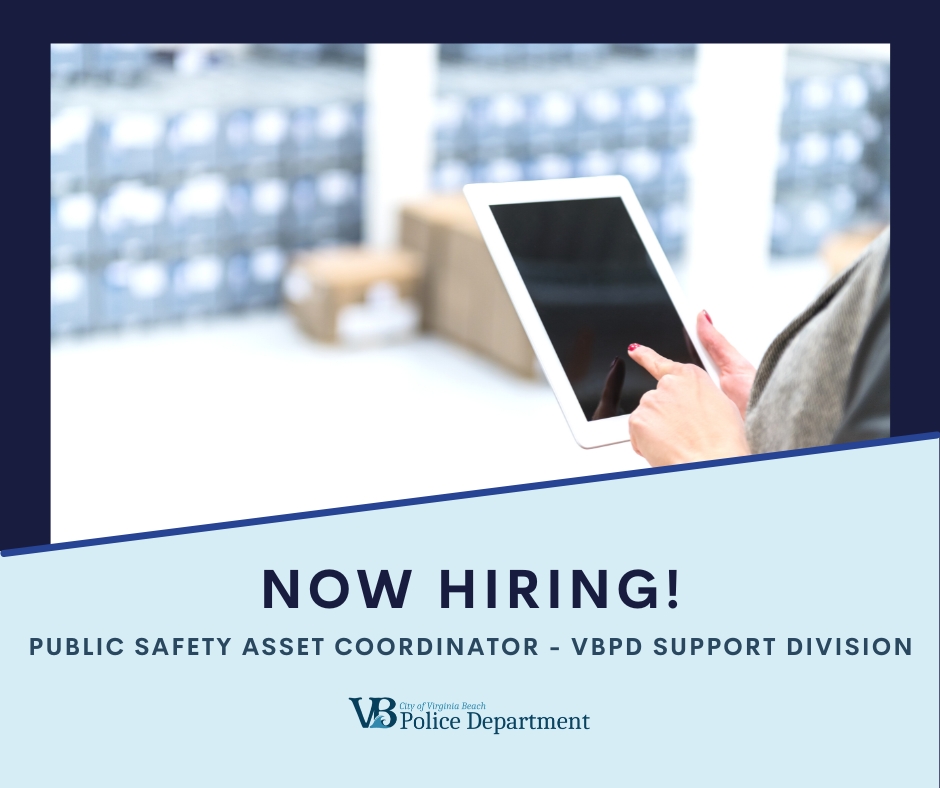 VBPD's tweet photo. We are actively recruiting for a Public Safety Asset Coordinator. Interested candidates should apply via: https://t.co/xLnFYCAMJD. The application deadline is 1/19/23.
#VBJobs #NowHiring #Recruitment #VBPD #PublicSafety #GovJobs https://t.co/8jCf74tAon