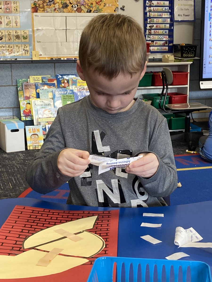 flower_mwcsd's tweet photo. We are talking about different nursery rhymes this week and started with Humpty Dumpty! The students were able to cut apart Humpty and then tried to put him back together with bandaids! https://t.co/Kxchdtf8Bn