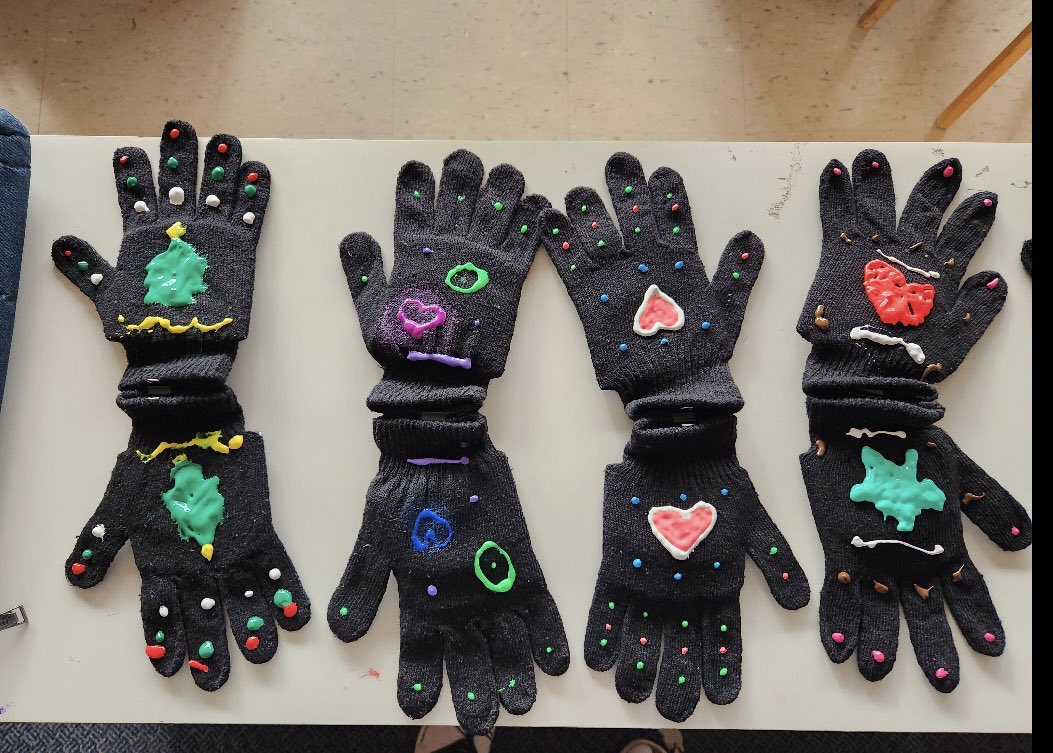 TDSB_EDP's tweet image. Today Broadacres EDP students engaged in a conversation as they decorated these gloves. One student said to the other, “we are designers, we have custom made our own gloves with acrylic paints...” #teamwork #promotingcreativity #problemsolving