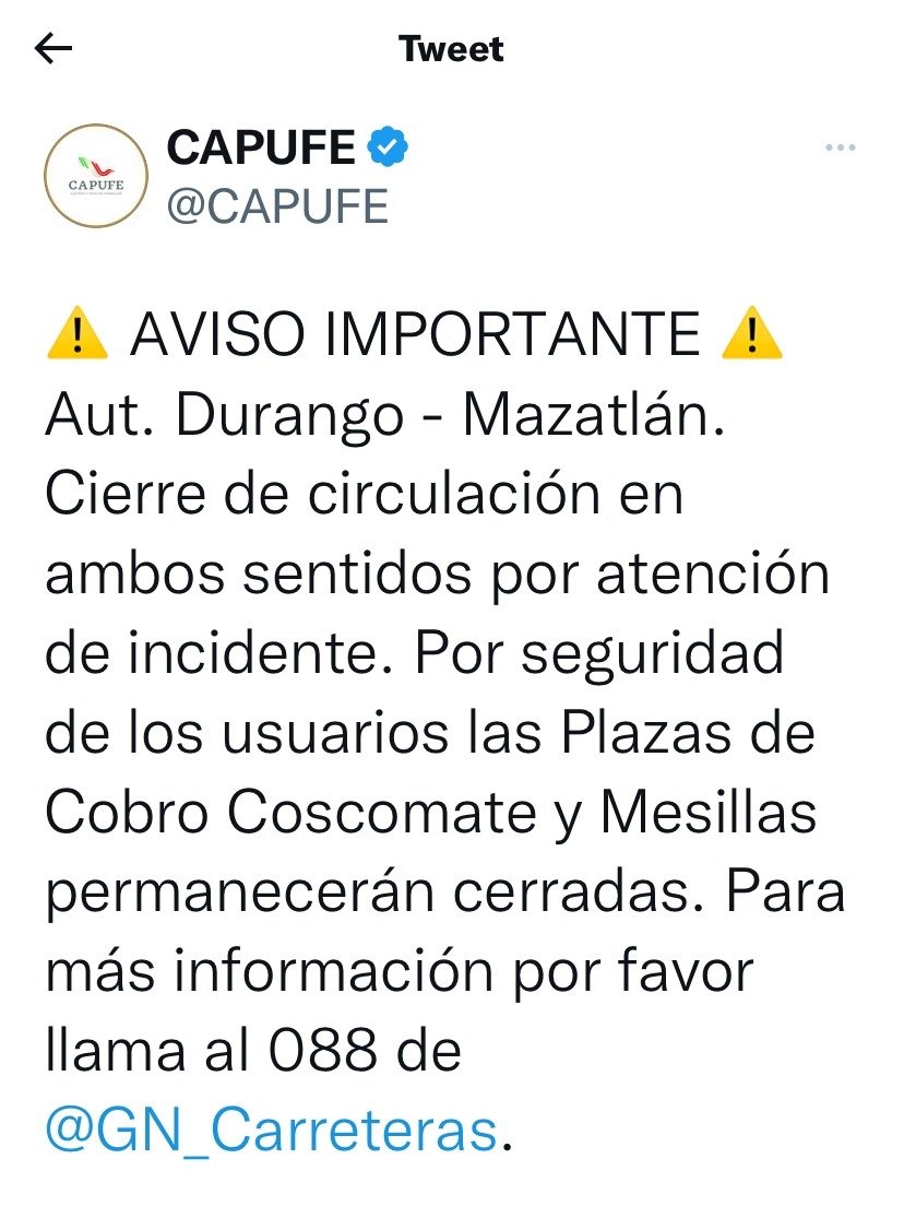 🔥🆘 #ULTIMAHORA|| Cierra <a href="/CAPUFE/">CAPUFE</a> súper carrerea #Durango - #Mazatlán, en ambos sentidos, tras enfrentamiento en #Culiacán, #Sinaloa. 

“Por seguridad de los usuarios las Plazas de Cobro Coscomate y Mesillas permanecerán cerradas”. 
#OvidioGuzman 
#narcobloqueos