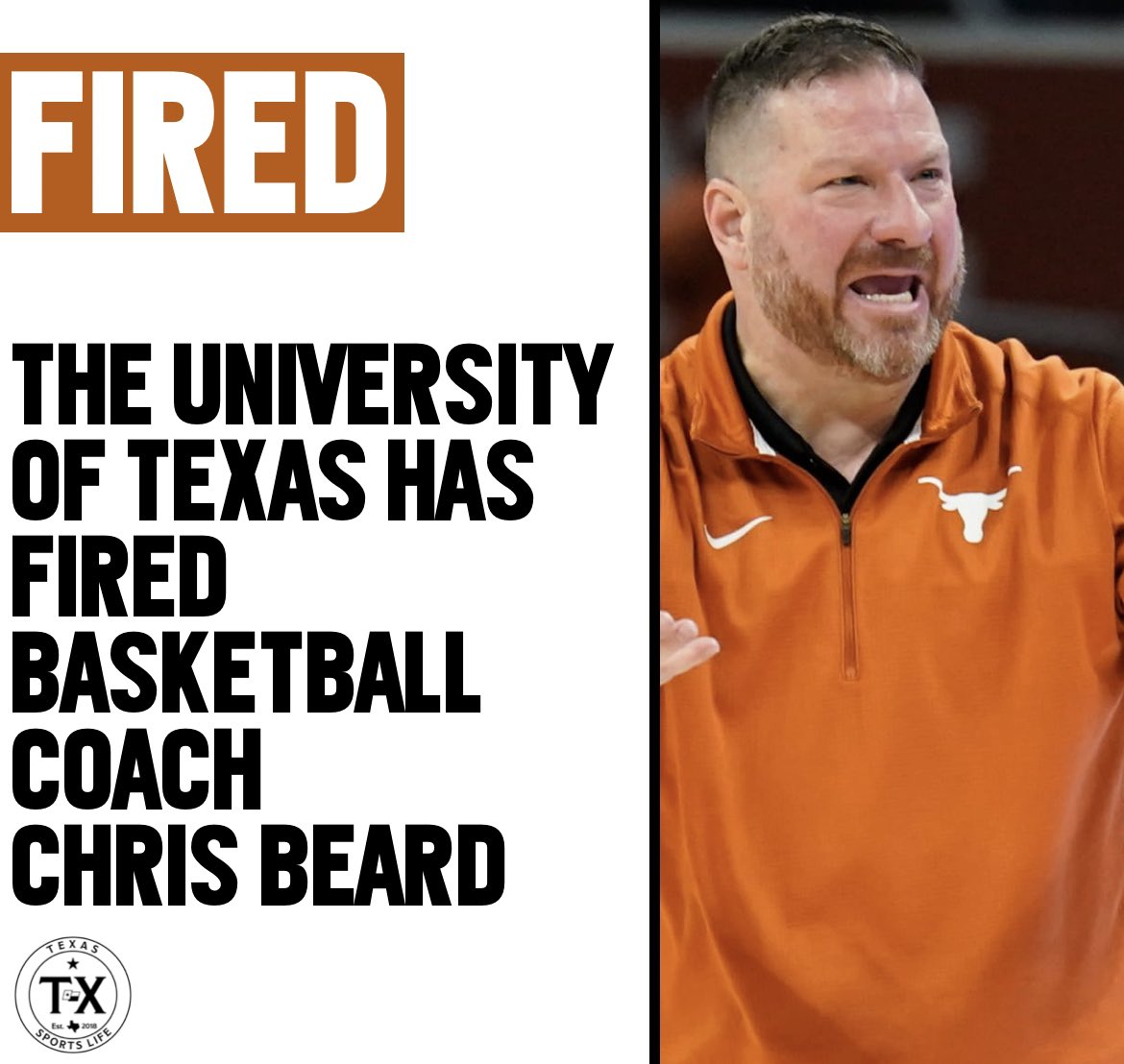 TXSportsLife's tweet photo. 🚨Texas has fired basketball coach Chris Beard. 
(h/t @kbohls) https://t.co/8whPIN9jSQ