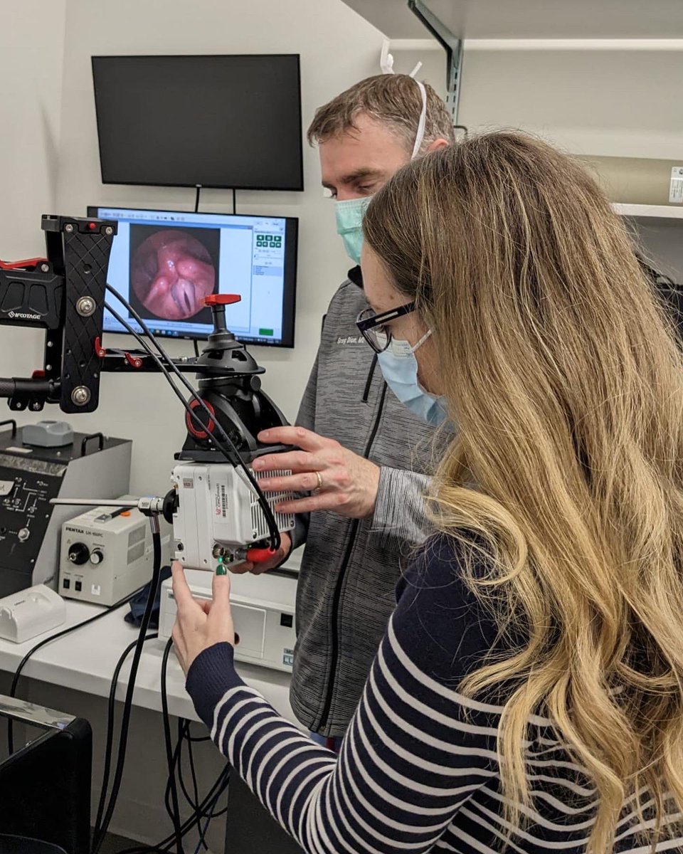 gregmd_cincy's tweet photo. Working with Dr. Tory McKenna @vmckenna8 at the @vsm_lab today. Using high speed imaging for visualizing vocal cords. #DionLab #VSMlab #laryngology #ent #cincinnati https://t.co/EBVTsooqk3