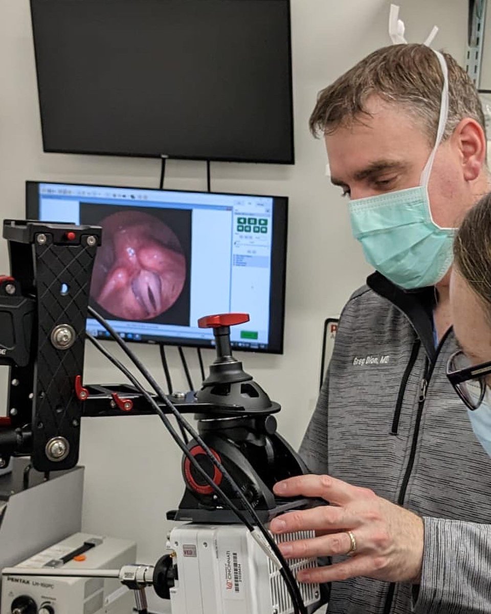 gregmd_cincy's tweet photo. Working with Dr. Tory McKenna @vmckenna8 at the @vsm_lab today. Using high speed imaging for visualizing vocal cords. #DionLab #VSMlab #laryngology #ent #cincinnati https://t.co/EBVTsooqk3