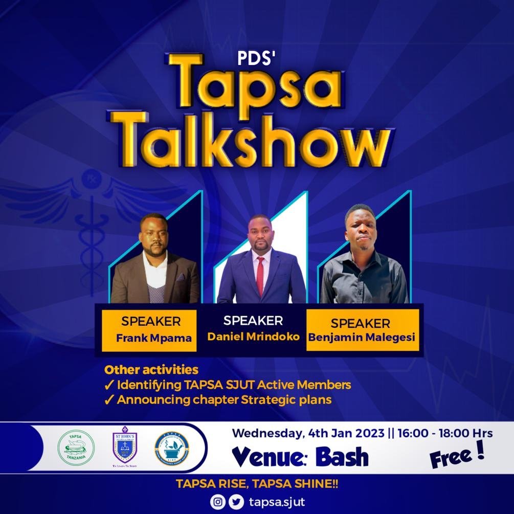 tapsastjohn's tweet photo. TAPSA SJUT Talk Show all talks sum up  the solidarity, but also the idea of building pharmacy professionals in provide efficiently services skills and provide awereness of health education in the community
@tapsadecca 
@TapsaCcohas 
@tapsamuhas 
@tapsatanzania https://t.co/7eFokc1e73