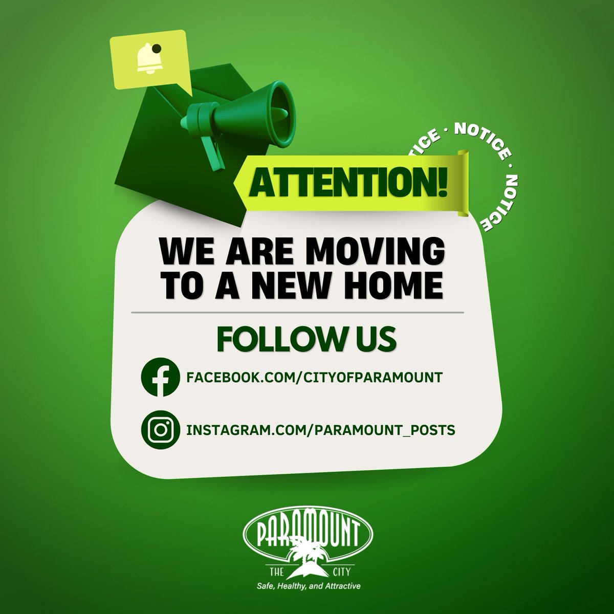 Hello Paramount Twitter users. This page will no longer be active after Jan. 12. You can still follow the City on our Facebook and Instagram pages. Follow us there to stay updated on all City news and info. We appreciate your support and attention. Thank you!