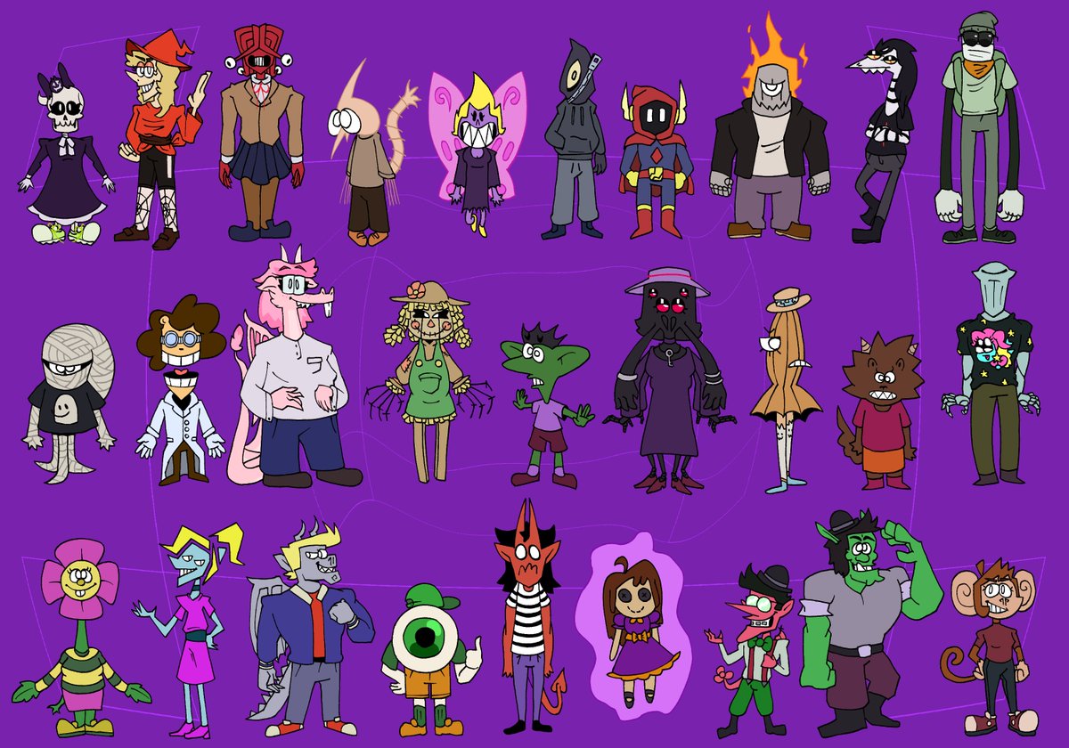 opaattack's tweet image. Homeroom Class 2-A in high-school school for monsters. It's like regular high-school, but the students and faculty are all monsters.