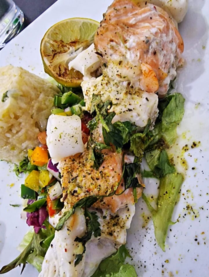 Taste of the Sea 
Skewer of monkfish, calamari, King prawn &amp; Salmon, marinated in olive oil, lemon &amp; Black pepper seasoning. Served with a timbale of smoked haddock risotto, salad &amp; lemon basil salsa.
#Fraserburgh #seafood #seafoodscotland #peterhead #fishinglife #fishingfleet