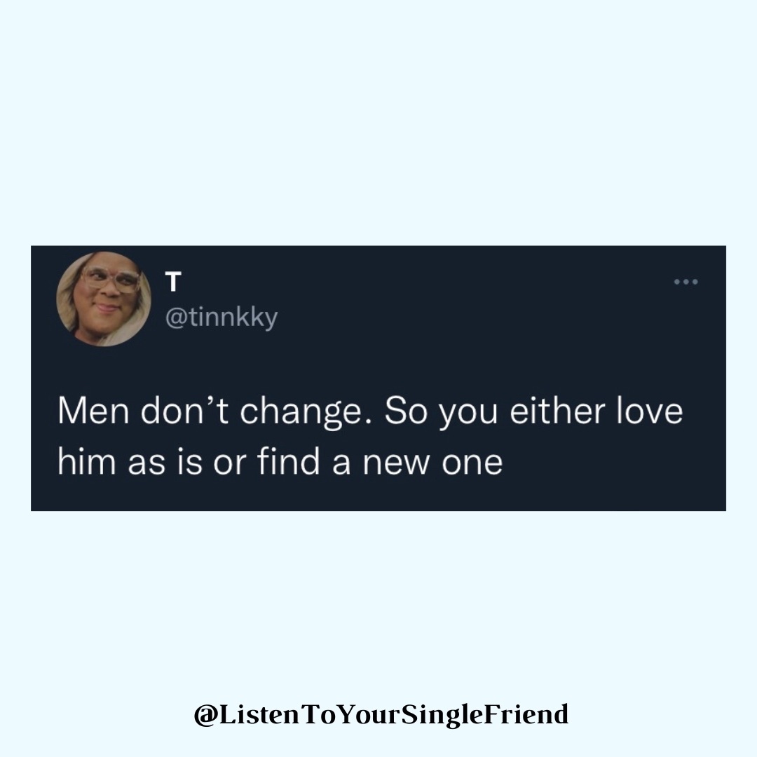 YourSingleFrnd's tweet photo. Starting the year off chaotic! π
Comment why you agree or disagree with this statement!
#datingadvice #datingmemes #datingsucks #singlequotes #datingapps #singleaf #blackpodcasts #cuffingseason #blackwomendating #tipsforblackwomen #datingtipsforwomen #relationshipstatus https://t.co/OKE5AIo03Z