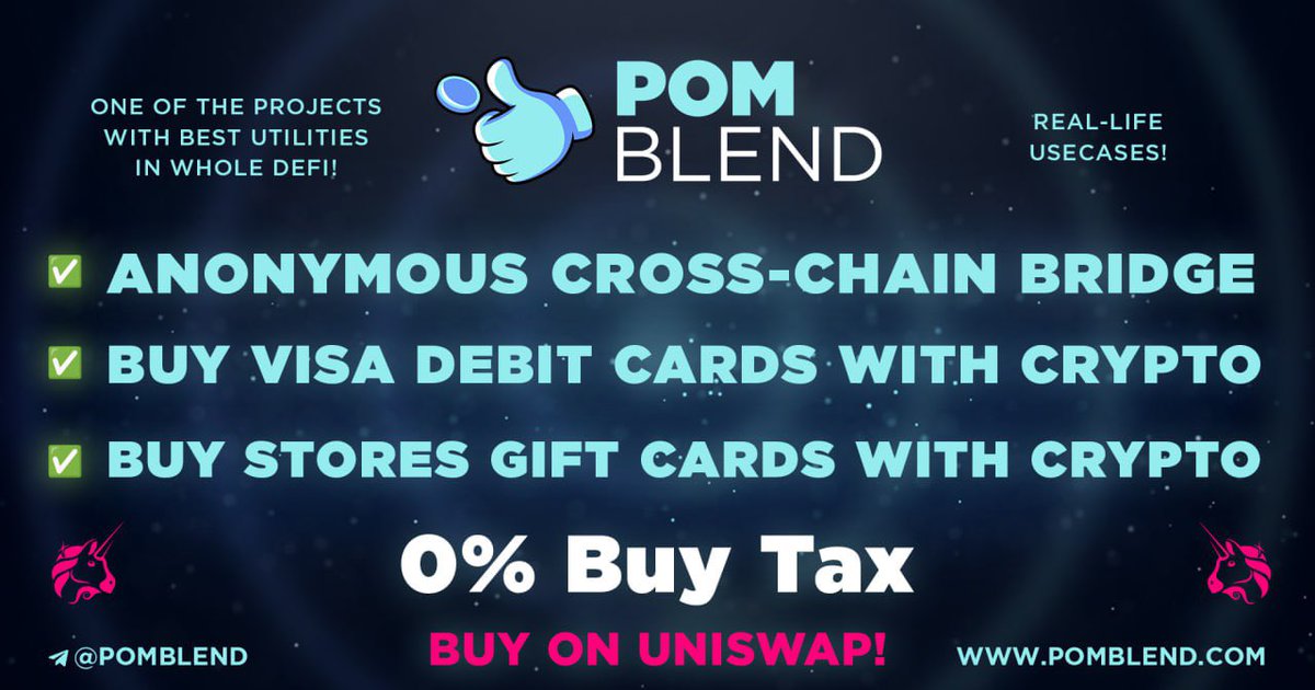 See what @Pomblend team is cooking. ✅ Anonymous Cross-Chain Bridge (LIVE) ✅ Virtual Visa Prepaid Cards 100$, 200$, 500$, 750$ (LIVE) ✅ Stores Virtual Gift Cards (January) 🌐 Website: pomblend.com 📩 Telegram: t.me/pomblend