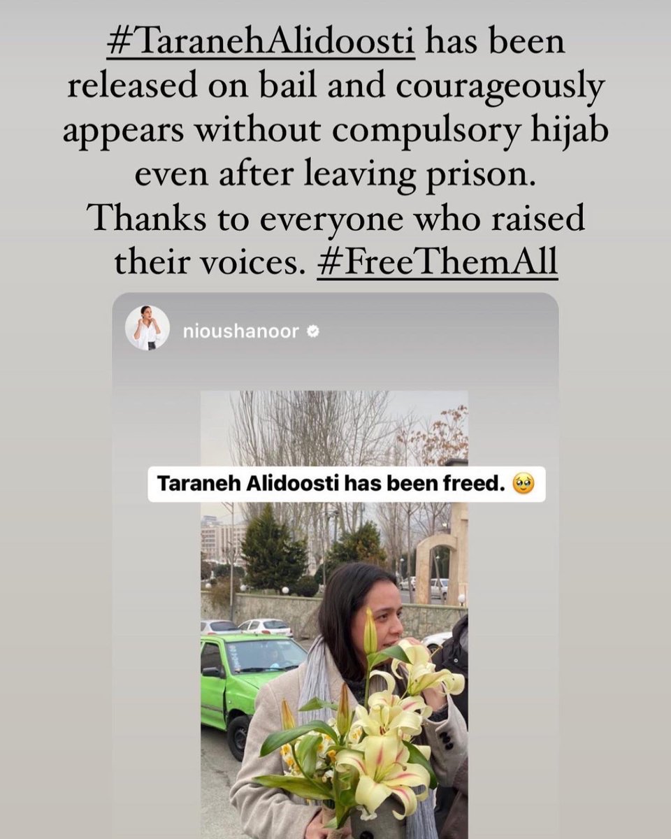 ShaunToub's tweet photo. The Oscar winner Taraneh Alidoosti is out of jail. And without a hajab. She’s still defiant. But she’s not out of the woods yet. Pray she will be OK. . #taranehalidoosti #freeiran https://t.co/mbO59t1Cui