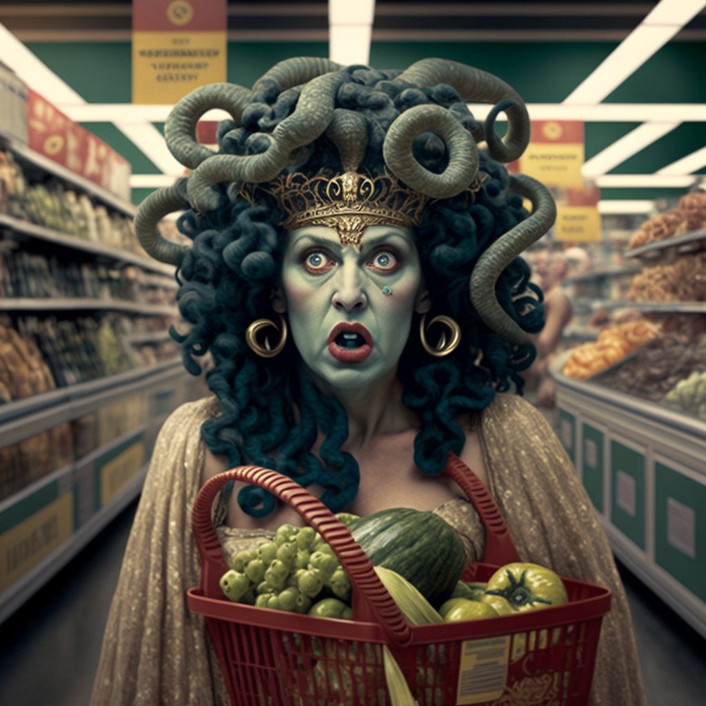 Medusa doing the shopping ... (My Daughters promt) #AIArtwork This is very addictive!