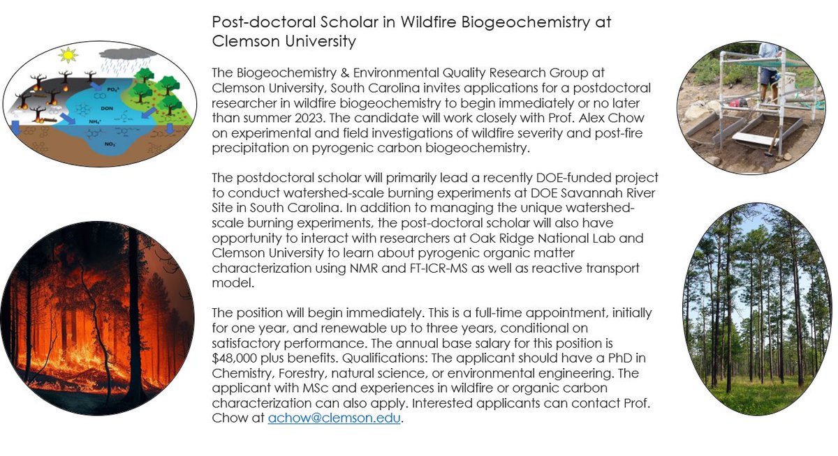 We are hiring a postdoc to work on wildfire biogeochemistry for a 3-year DOE-funded project at <a href="/SavannahRiverFS/">USFS Savannah River</a>. The position will be based out of Clemson University and will work closely with the US Forest Service and Oak Ridge National Lab. Full ad below: