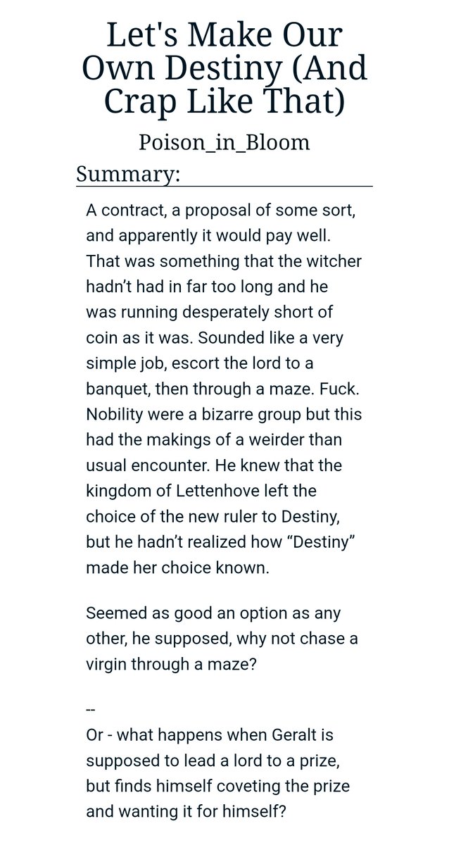 dontworry14434's tweet photo. Let's Make Our Own Destiny (And Crap Like That) by Poison_in_Bloom is a sexy geraskier fic where Jaskier is a kingmaker and Geralt is in love at first sight! Super cute and I especially love the ending! #geraskier #fanficrec  https://t.co/9pyvOeRZfp https://t.co/97LyQkHNtf
