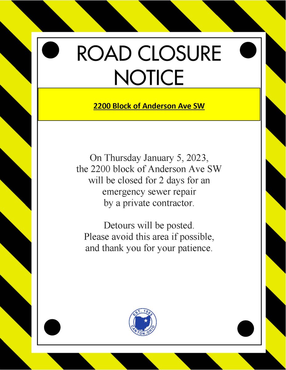 The 2200 block of Anderson SW will be closed for 2 days for an emergency repair.  Please avoid the area if possible.  Thank you.