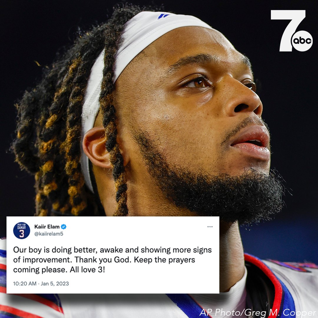 UPDATE from Damar Hamlin's teammate, Buffalo Bills CB Kaiir Elam. #BillsMafia The Buffalo Bills report Hamlin has shown "remarkable improvement" in the past 24 hours and appears to be "neurologically intact."