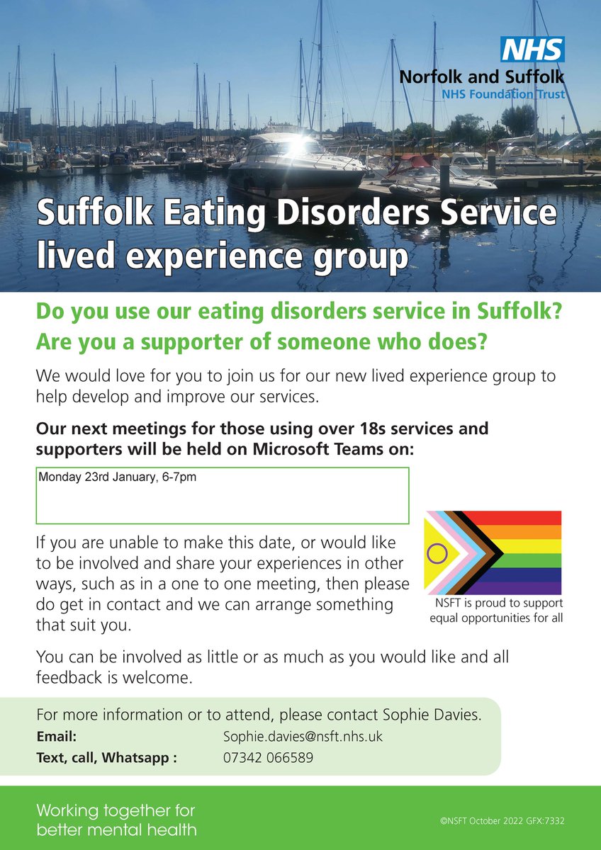 NSFTtweets's tweet photo. The Suffolk Eating Disorders Service lived experience group, are meeting on 23 January. This group is to develop and improve our services and we'd love to hear from you. 

For more information, or to attend, please email Sophie.davies@nsft.nhs.uk https://t.co/BxVCtvzG68
