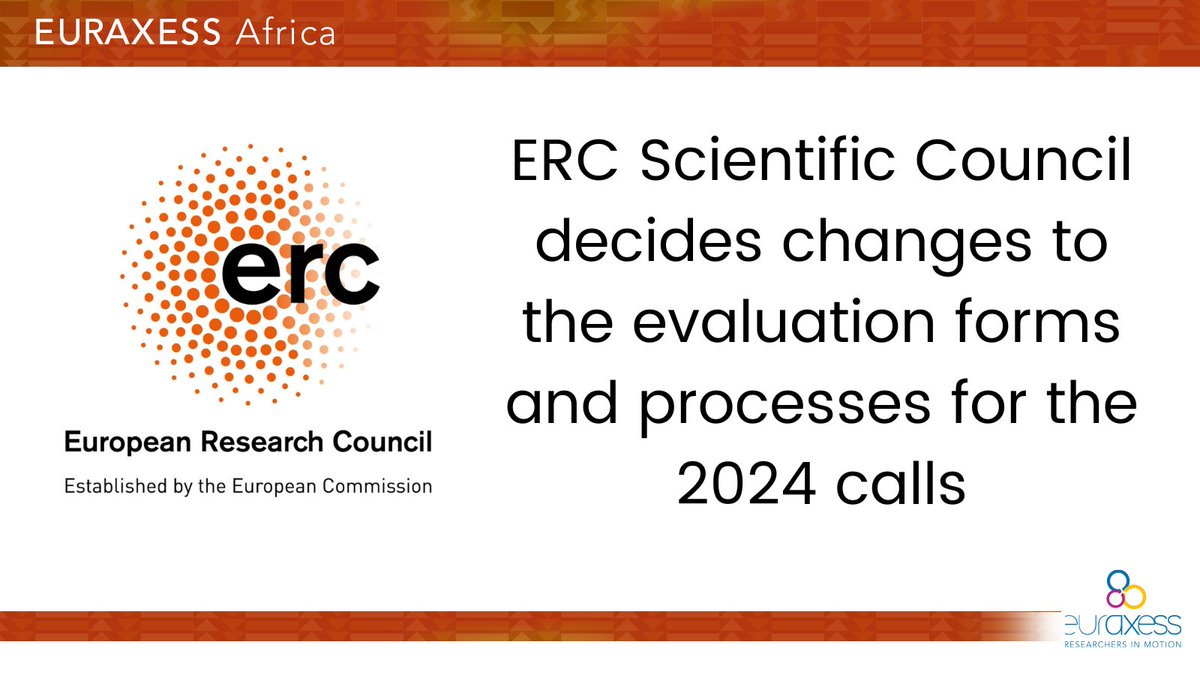 EURAXESSAfrica's tweet photo. 👉Do you know #ERC Scientific Council decided to change the evaluation forms and processes for the 2024 calls ?
📌Find out more :
https://t.co/rHMIkLy0yX
#horizoneurope #research #researchapplication #europe https://t.co/w7wUX6RfVv