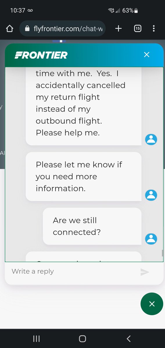 alilbitbubbly's tweet photo. @FlyFrontier I'm currently on chat with one of your managers, but I think he's ignoring me.  ☹️ It's been 45 minutes since he took over from the agent and I haven't heard from him since his first message.  Can someone please just help me fix my mistake? https://t.co/aS78gbcqCU