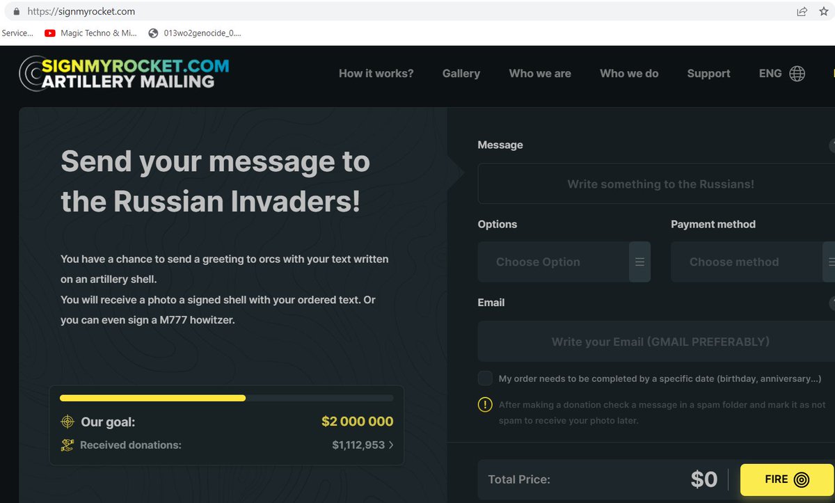 v_geuzen's tweet image. put a message on an #ukrainan rocket to be send to #russia invaders and donate to the army at the same time - already one million dollars collected signmyrocket.com