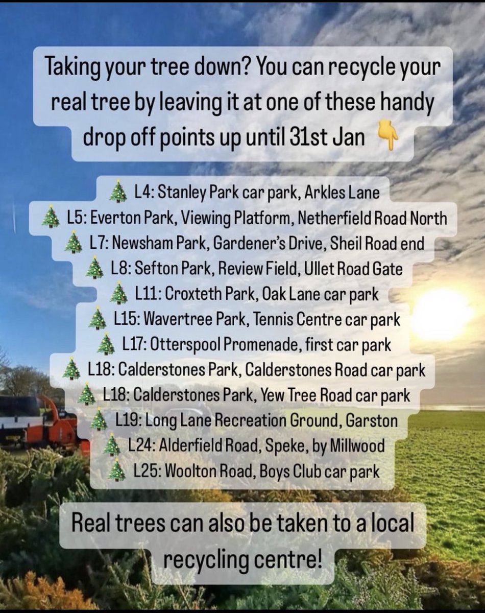 Kuumba_Imani's tweet photo. Places you can recycle your REAL Christmas tree, with locations and a date! 🌲 ♻️ 

#recycle #kuumba #kuumbaimani #lvpl #liverpooluk #environment 

@M_Charters https://t.co/UB0pUvGLaF