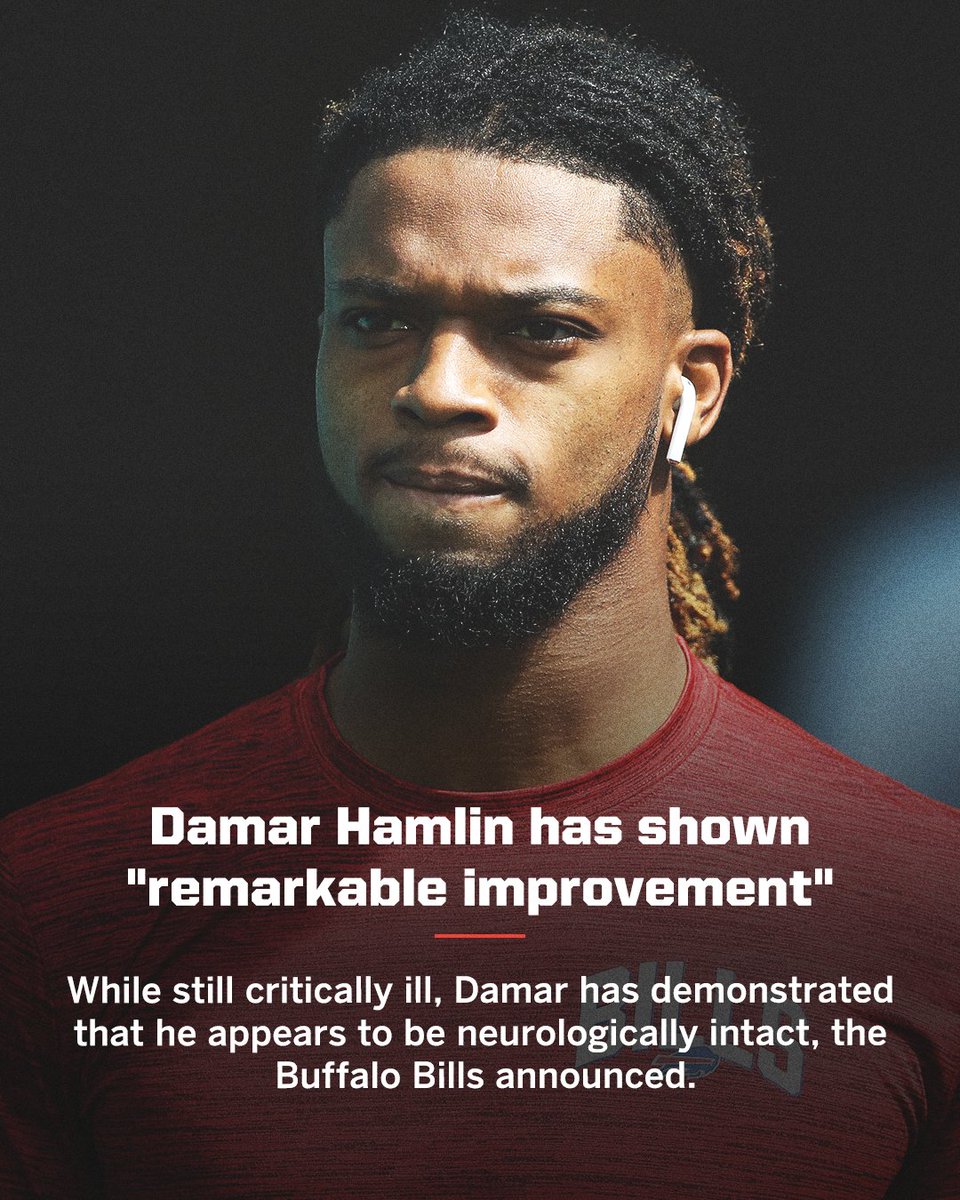 Damar Hamlin has "shown remarkable improvement over the past 24 hours," according to physicians at the University of Cincinnati Medical Center.

His lungs continue to heal and he is making steady progress.
