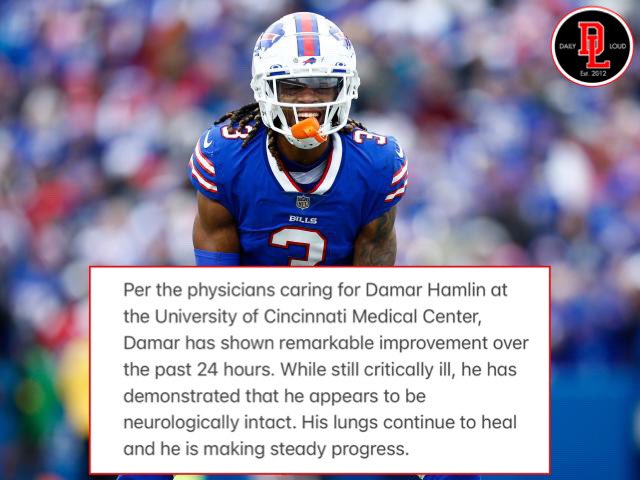 UPDATE: Damar Hamlin has shown remarkable improvement in the past 24 hours. Most importantly his brain is functioning at a normal rate. His lungs are also continuing to heal 🙏❤️