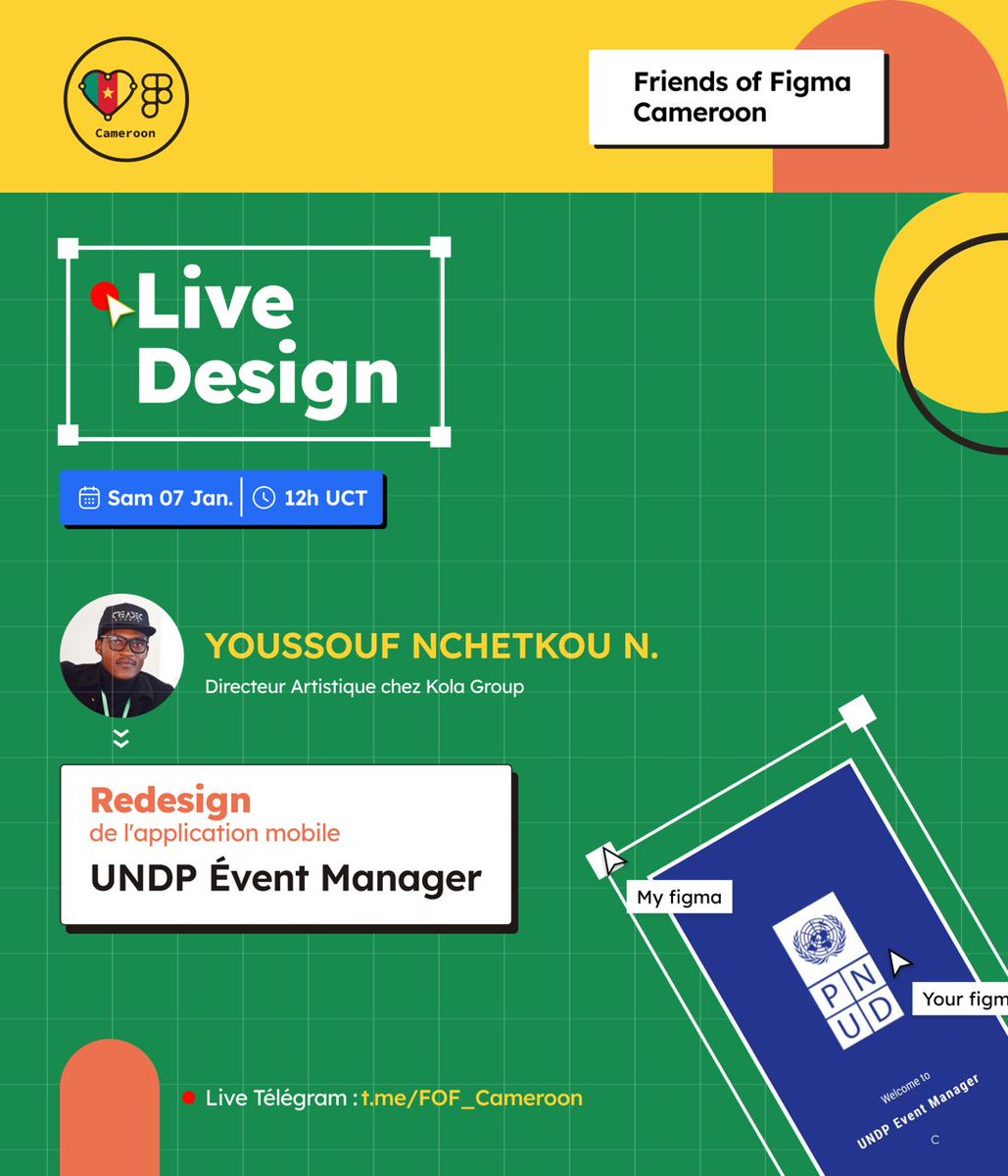 mbagnajohan's tweet image. Pour cloturer cette semaine la communauté Friends of Figma Cameroon lance avec le concept de #LiveDesign.

Ce Samedi à 12h00, @nnyxdesigns va nous proposer un redesign de l'application mobile UNDP event Manager sur Figma en live😊😊

Lien du live : bit.ly/3GAEFJe

#Figma