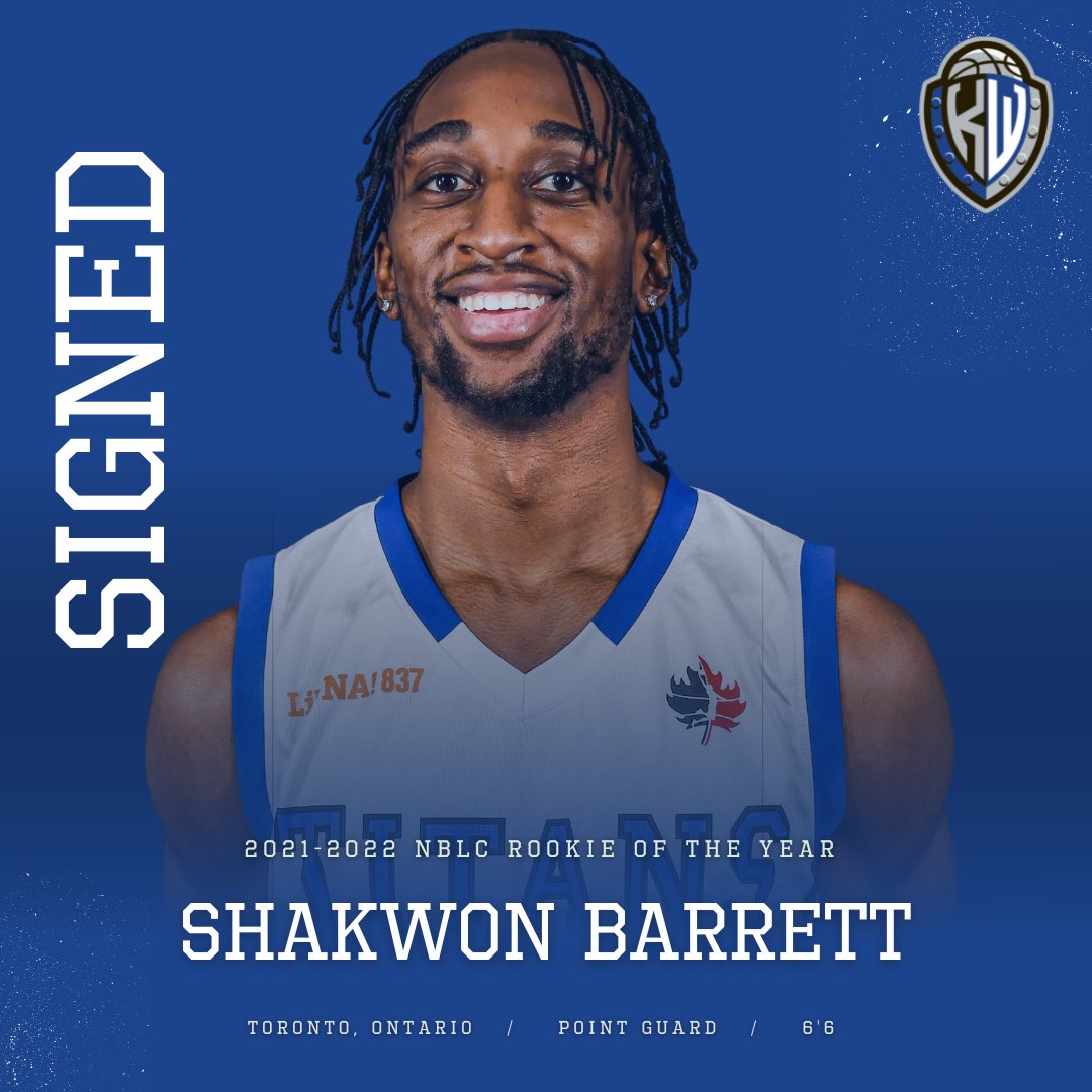 🚨 BREAKING NEWS 🚨 - Shakwon Barrett ( <a href="/TorontoBKS/">Shakwon Barrett</a> ), a 6’6 Canadian point guard, will return to the Kitchener-Waterloo Titans after a standout season with the team saw him earn the 2021-2022 Rookie of The Year award from the National Basketball League of Canada (NBLC).