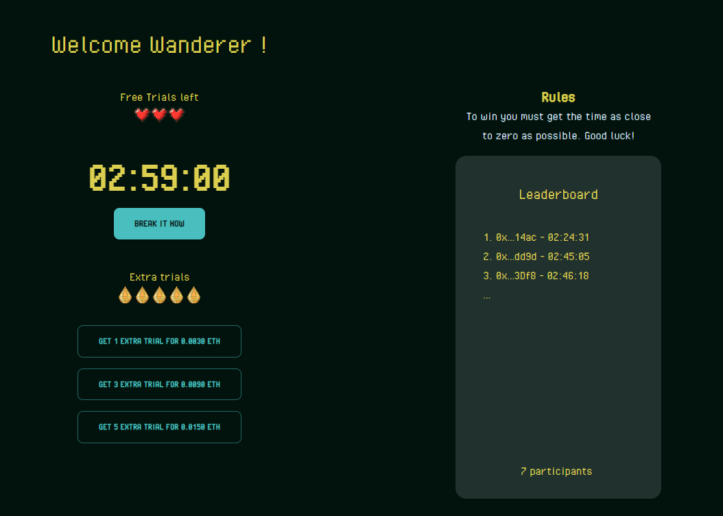 Game on testnet has begun!

Good luck to all participants and may the most patient win...

300$ for the winner.

#Arbitrum #TimeCrusader