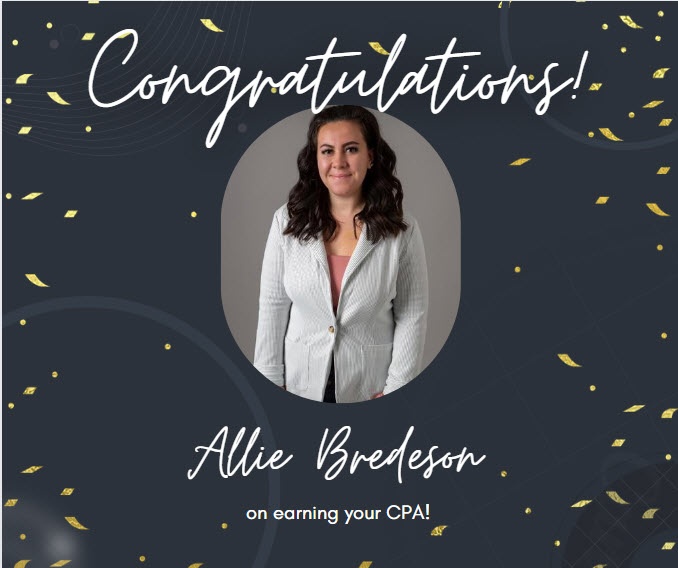 BerndtCPA's tweet photo. We would like to wish Allie Bredeson a huge congratulations on all the challenging work and time put in to passing her CPA Exam! What a great accomplishment! https://t.co/CvCDBA2C5g